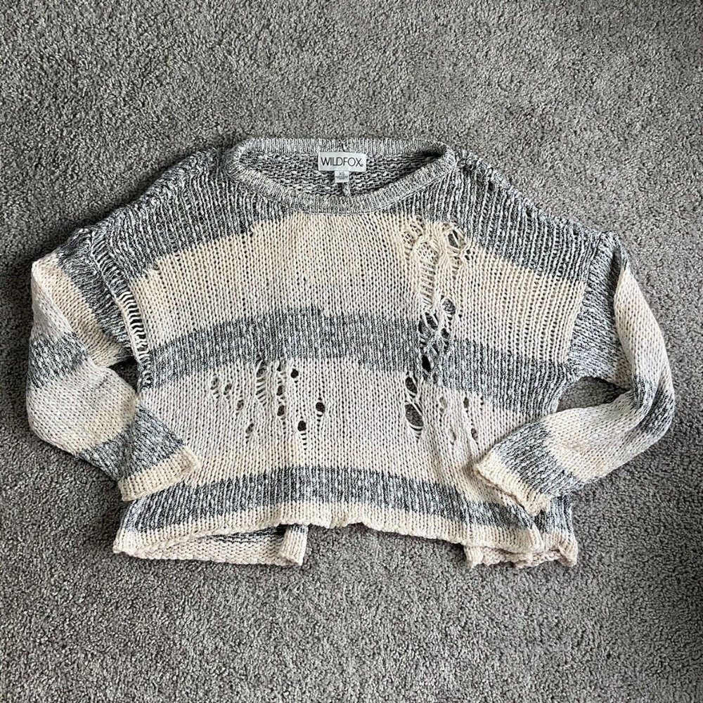 Wildfox Women’s Crewneck Sweater Shawl Sz XS Off White Beige Gray Distressed